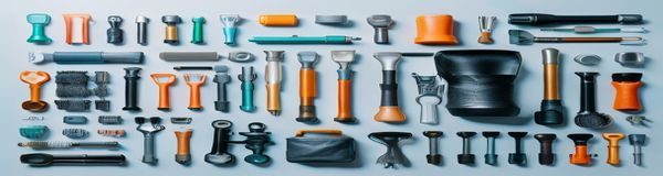 专业整洁的桌面上摆放着各类SP工具，打屁股sp工具选择指南配图，冷色调专业感